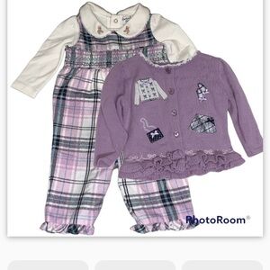 Hartstrings 3 Piece Lavender Plaid Overalls w/ Matching Onsie & Cardigan 3-6 Mos